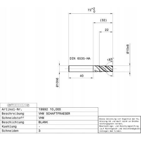 GUHRING ALU 19992 Hartmetall-Fräser 12,0 mm