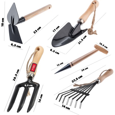 Kadax KADAX 5-in-1-Gartengeräte-Set: Schaufel, Harke, Hacke, Grabzange, Spaten