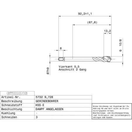 GUHRING-Gewindebohrer für Sacklöcher GUHRING HSS-E 5732 G1/8 – 28 Gewindegänge