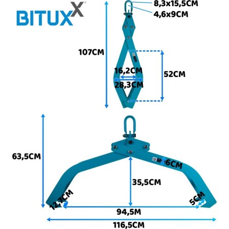 Bituxx Ladegreifer für Holz, 850 mm, 1500 kg, für Stämme und Baumstämme
