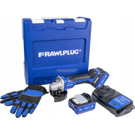 18-V-Winkelschleifer, 125 mm, Drehzahlregelung, 2 Akkus à 5,0 Ah, Schnellladegerät 6,5 A, Rawlcase