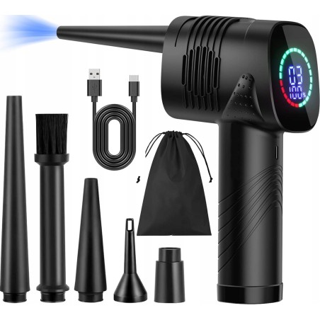 BÜRSTENLOSER AUTO-LÜFTER, 3 GESCHWINDIGKEITSSTUFEN, LEISTUNG 20–40 W, 2000-mAh-AKKU, 5 AUFSTECKDÜSEN, TYP-C-LADEBUCHSE