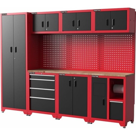 Costway Feistos Werkstattausstattung Werkzeugschrank Juno 3 mit Lochwand Schwarz/Rot 246 x 46 x 198 cm