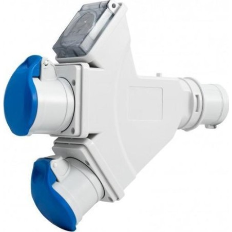 F-Elektro Campingadapter – Stecker 16 A, 3-polig, Buchse 2x16 A, 3-polig, Buchse 230 V, IP44