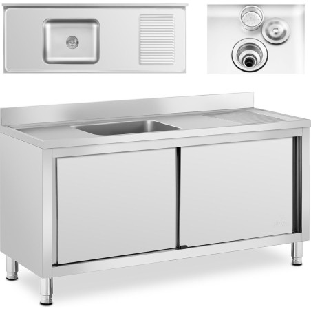 Royal Catering Einbecken-Gastronomie-Spülbecken mit Schrank mit Schiebetüren 160 x 60 x 94,5 cm Gastronomie-Spülbecken